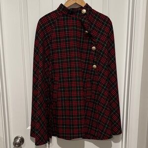 SHEIN Red and Black Plaid Cape with Gold Buttons